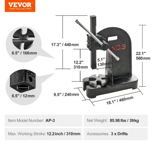 VEVOR Dornpresse, 3 t Handhebelpresse, Manuelle Dornpresse Präzisions Handpresse, 310 mm Maximale Höhe, Manuelle Desktop-Stanzpresse aus Gusseisen, zum Stanzen, Biegen, Strecken, Formen – Bild 6
