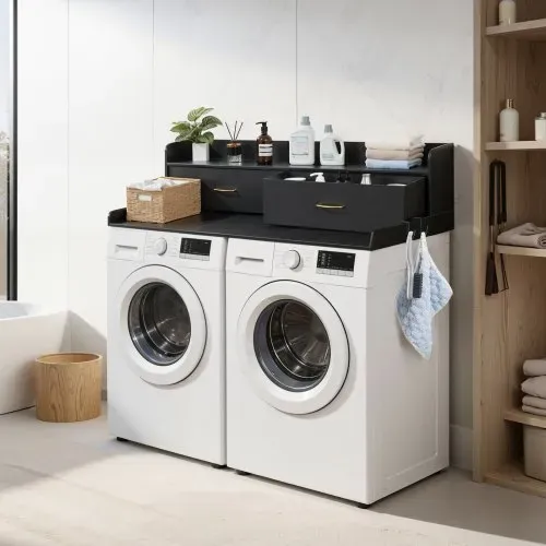 VEVOR Arbeitsplatte für Waschmaschine & Trockner (137 x 69,9 cm) mit Ablage & 2 Schubladen & Haken, für Wäscheschrank Speisekammer Küchentheke, 113 kg Belastbar, Schwarz, Ablagefläche für Waschmittel – Bild 7