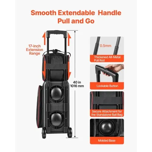 VEVOR 1 Bowlingtasche mit Rollen + 1 Bowlingtasche (Mini) für 2+1 Kugeln 600D Oxford Rot Schwarz, für Schuhe bis US-Größe 16 und Zubehör, mit Teleskopgriff (bis zu 1016 mm) und Doppellagigen Ablagen – Bild 5