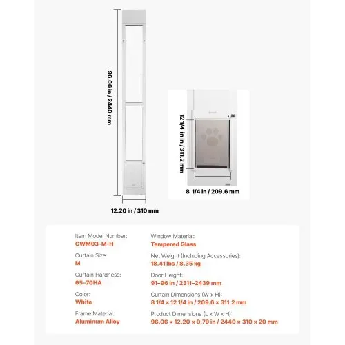 VEVOR Hundetür Haustiertür für Glasschiebetür, 2311–2439 mm höhenverstellbar, Rahmen aus Aluminiumlegierung mit drehbaren Metallscharnieren & Schlossdesign, 209,6 x 311,2 mm Vorhangmaße, Weiß – Bild 6