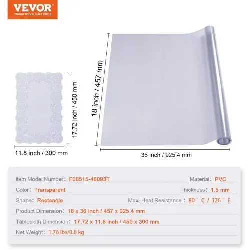 VEVOR Tischfolie Tischschutz Transparent 1,5 mm Dicke, Tischschutz-Folie PVC 457 x 925,4 mm Rechteckige Tischdecke Tischfolie Abwaschbar Verschleißfest Hitzebeständig Wasserdichte Tisch-Schutzfolie – Bild 6