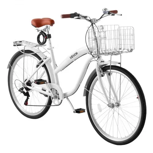 VEVOR Damenfahrrad 26 Zoll Cruiser-Fahrrad 150 kg 7-Gang Citybike Weiß, für Pendelfahrten Besorgungen und Strandfahrten, mit Doppelten V-Bremsen, 50 kg Gepäckträger, Schutzblechen und Werkzeugsatz – Bild 10