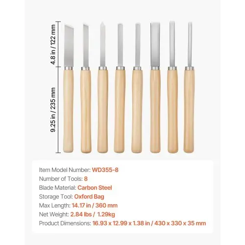 VEVOR Drechseleisen-Set, 8-teilig, Drechselmesser mit Klinge aus Kohlenstoffstahl, 2 Schrägmeißel, 1 Speerspitze, 1 Abstechmeißel, 1 Rundspitze, 3 Hohleisen, 1 Oxford-Tasche, Drechselwerkzeug – Bild 6