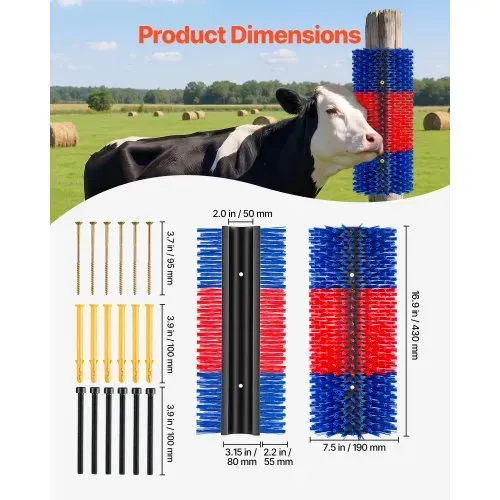 VEVOR Kratzbürste 43x19 cm, Viehbürste 3 Stk. inkl. 12 Schrauben, Rinderkratzer zur Linderung von Rückenjucken, Massage-& Pflege-Kratzwerkzeug für Pferde, Rinder, Schafe & Schweine, Blau&Rot – Bild 6