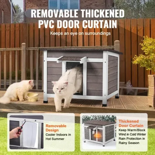 VEVOR Katzenhaus für draußen, wetterfest, Unterschlupf für Wildkatzen für mehrere Katzen, Katzen-/Kaninchenhaus aus Holz für draußen mit Fenster, offenem Dach und Türklappen aus PVC, 61 x 53 x 46 cm (L x B x H) – Bild 4