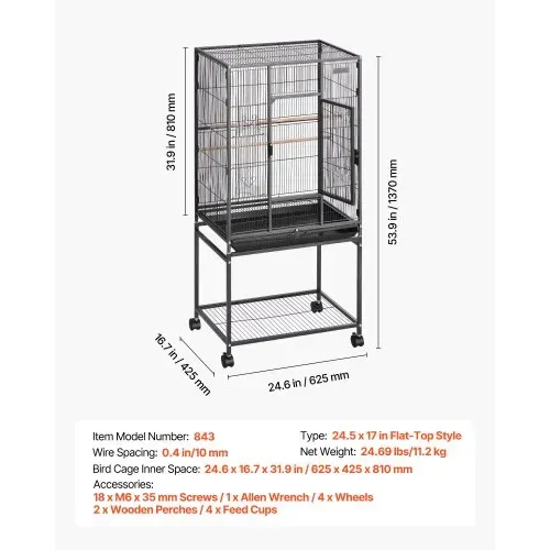 VEVOR Vogelkäfig, 625x425x1370 mm, Vogelvoliere aus Schmiedeeisen mit Sitzstangen, Schale & Kunststoff-Futternäpfen, Rollen, Vogelhaus für Papageien, Blaumeisen, Nymphensittiche & Kanarienvögel – Bild 6