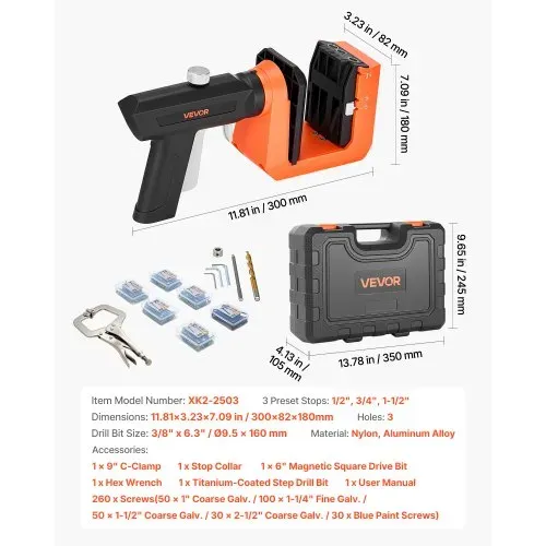 VEVOR Pocket Hole Jig, Taschenloch-Bohrschablone Set, 12,7, 19, 38,1 mm, 360° Drehbarer Griff, 260 Schrauben, C-Klemme, Anschlagring, Bohrer, Einfaches Spannen & Einstellen, Für Holzbearbeitung – Bild 6