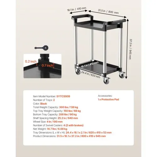 VEVOR Mehrzweckwagen, 136 kg Tragkraft, 2-stufiger Universalwagen aus Kunststoff mit 360° Schwenkrädern (2 mit Bremsen), 800x410x945 mm großer Servierwagen für Lager, Büro, Zuhause, Restaurant, Küche – Bild 6