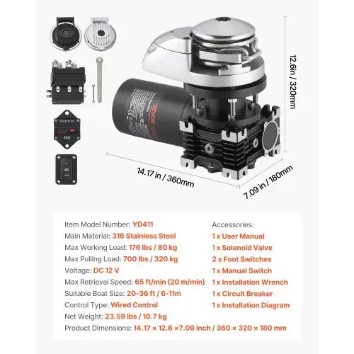 VEVOR Elektrische Ankerwinde, 12V DC 600W, Ankersysteme passend für 1/4-Zoll-Ankerkette oder 9/16- bis 5/8-Zoll Nylonseil, Max. Zugkraft 320kg, Konstruktion aus Edelstahl 316, für Boote von 6–11m – Bild 6