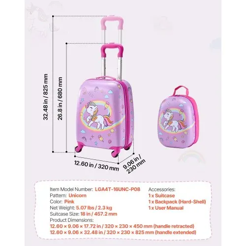 VEVOR 2 tlg. Kinderkoffer Set, 457,2 mm, Hartschalenkoffer mit Rollen & Rucksack, Kindertrolley, Kids Suitcase, perfekte Geschenke für Jungen und Mädchen, praktisch für Reisen & Fliegen (Einhorn) – Bild 6