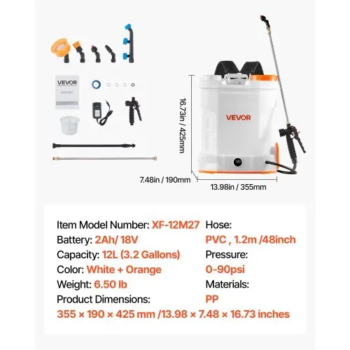 VEVOR Akku-Sprühgerät, 12 L, elektrischer Rücken-Drucksprüher, 2 einziehbare Stäbe und 5 Düsen, einstellbar 0–6 bar, 2 Stunden Laufzeit, tragbarer Pumpsprüher für Hof, Garten und Rasen – Bild 6
