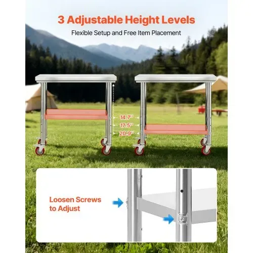 VEVOR Edelstahltisch Arbeitstisch Küchentisch (90 x 60 cm) zur Lebensmittelzubereitung mit Rädern, Zubereitungstisch mit verstellbaren Unterregal für Großküchen Restaurants Hotels Garagen Outdoor – Bild 5