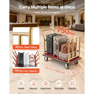 VEVOR Hotelgepäckwagen aus Edelstahl, 340,19 kg Belastbarer Kofferwagen mit 6 Zoll Gummirädern, Hotelwagen mit Rotem Teppichboden, Gewerblicher Plattformwagen für Hotels Ferienwohnungen Resorts, Gold VEVOR Hotelgepäckwagen aus Edelstahl, 340,19 kg Belastbarer Kofferwagen mit 6 Zoll Gummirädern, Hotelwagen mit Rotem Teppichboden, Gewerblicher Plattformwagen für Hotels Ferienwohnungen Resorts, Gold