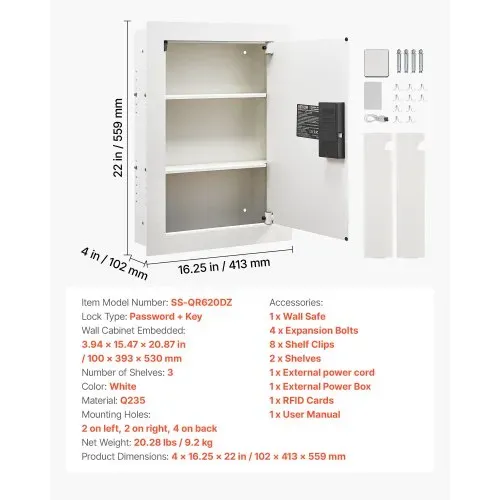 VEVOR Wandsafe Wandtresor mit Passwort & Schlüssel & Drehknopf, Einbaugehäuse aus kaltgewalztem Stahl Q235 mit verstellbaren Ablagen & Befestigungslöchern für Geld Schmuck Reisepass, Weiß – Bild 6