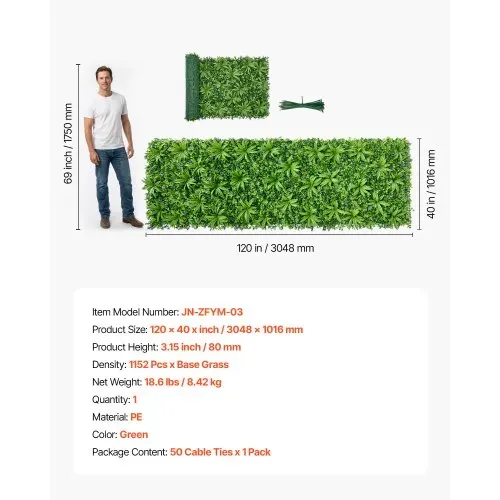 VEVOR Künstliche Hecke, 3x1 m Pflanzenwand, PE-Sichtschutz, Sichtschutzzaun, Windschutz, Heckenzaun, Kunstpflanzen Balkonverkleidung für Hochzeiten, Innenräume, Außengärten, Hinterhöfe (1 Stk.) – Bild 6