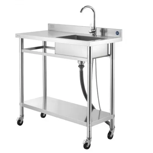 VEVOR Spültisch Spülbecken Edelstahl (1000 x 500 x 1055 mm), Einzelbecken mit Wasserhahn & Rädern, Küchenspüle für Garage Restaurant Wäscherei, Waschtisch Außenspüle mit Arbeitsplatte (links) – Bild 9