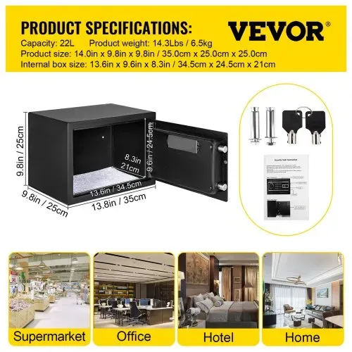 VEVOR Tresor 0,0227 m³, Möbeltresor 10kg Belastbarkeit, Wandtresor Schwarz staubdicht mit Fingerabdruck Code Digital-Tastenfeld Schlüssel 4 Schlosssystemen Sicherheitstresor Wohnung Hotel Büro – Bild 6