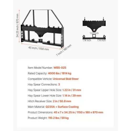VEVOR Palettengabelrahmen für Kompaktlader, 1814 kg, 1150 mm Palettengabelrahmenaufsätze mit 50,8 mm Anhängerkupplung & Speerhülsen, passend für Schnellkupplungs-Traktorlader, nur Rahmen – Bild 6