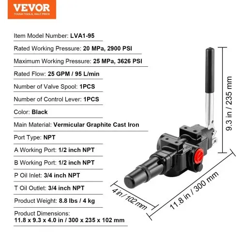 VEVOR Hydraulisches Holzspalterventil, 1 Spule, 25 GPM hydraulisches Wegeventil, 3626 PSI hydraulisches Laderventil, hydraulisches Joystick-Steuerventil für kleine Traktoren, Lader, Holzspalter – Bild 6