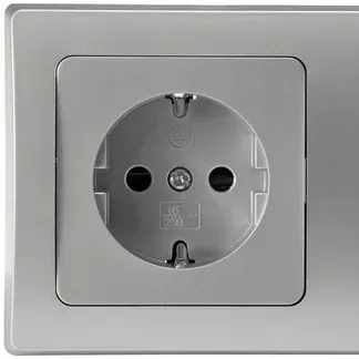DELPHI Set 2 Steckdosen + 2-fach Rahmen 250V~/ 16A, Steckanschluss, silber DELPHI Set 2 Steckdosen + 2-fach Rahmen 250V~/ 16A, Steckanschluss, silber