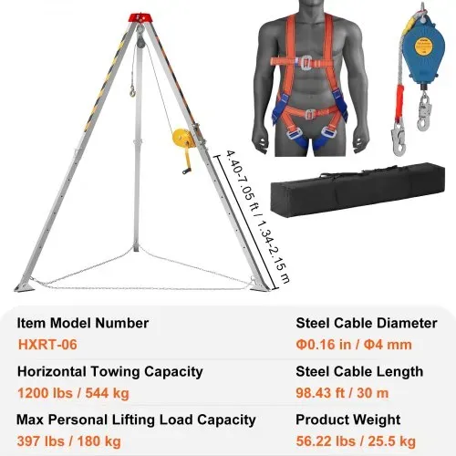 VEVOR Stativ-Set 544,31kg Winde Stativ mit 2,1 m Beinen und 30 m Kabel Rettungsstativ für beengte Räume 10 m Absturzsicherung Auffanggurt Aufbewahrungstasche für herkömmliche beengte Räume – Bild 6