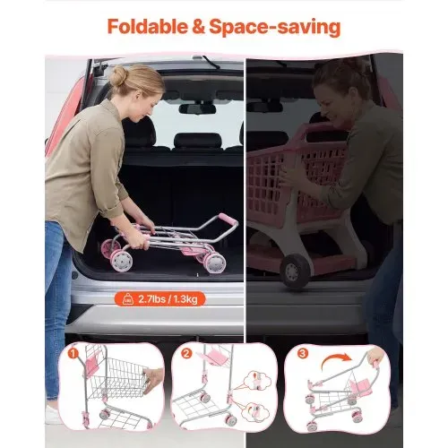 VEVOR Einkaufswagen für Kinder, Einkaufswagen Supermarkt Spielzeug mit Klappsitz für Puppen Stahlrahmen & Rollen, Faltbares Kaufladenzubehör mit Puppen-Spielset, Kaufmannsladen Spiele für Kinder ab 3 – Bild 6
