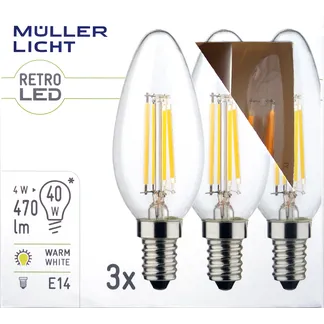 LED Filament Kerzenlampe, E14, 4W, 470lm, 2700K, warmweiß, 3er Set LED Filament Kerzenlampe, E14, 4W, 470lm, 2700K, warmweiß, 3er Set