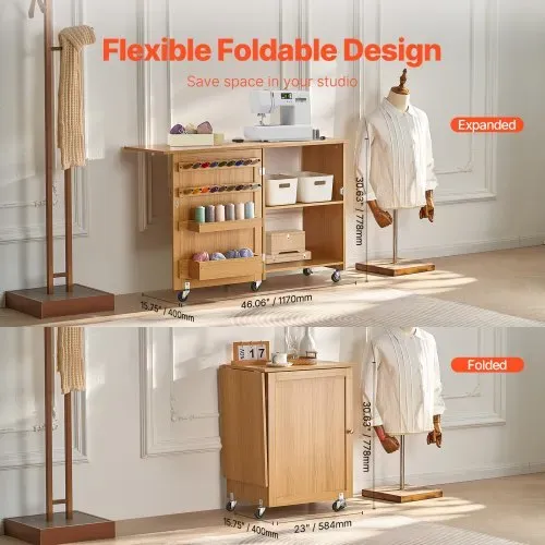 VEVOR klappbarer Nähtisch Mehrzweck Nähmaschinentisch mit Rädern & Regalen & Ablagefächern & Holzstiften & magnetischen Türen, Nähmaschine Holzfarbe faltbar (1170 x 400 x 778 mm) – Bild 2