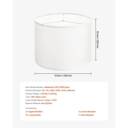 VEVOR Lampenschirm Trommel 33 x 33 x 25 cm (oben x unter x hoch), 2 Stk. mittelgroße Ersatzschirme aus Leinen + PVC, Lampenschirm für Tischlampen Stehlampen Pendelleuchten (cremefarben) – Bild 6