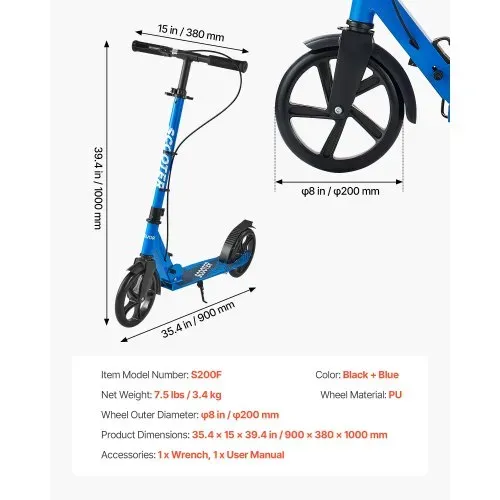 VEVOR Scooter (2 Räder) ab 8 Jahren, Cityroller Kinderroller Straßenroller mit höhenverstellbarem Lenker & rutschfestem Deck & Handbremse, faltbarer Tretroller bis zu 100 kg, Schwarz + Blau – Bild 6