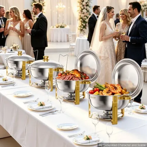 VEVOR Chafing Dish Rund 2er-Set je 5,68 L aus Edelstahl Warmhaltebehälter Ideal für Hochzeiten, Partys & Familienfeiern, zum Warmhalten oder Kühlen von Speisen, 2 Speisebehälter, Zange & Glasschale – Bild 7