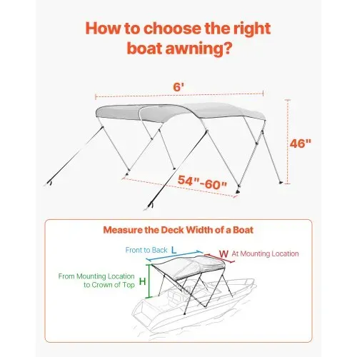 VEVOR Bimini Top Bootsabdeckung Sonnenverdeck (3 Bögen) aus 600D Polyester mit Rahmen aus Aluminiumlegierung, wasserdichte Sonnenschutz-Bootsmarkise mit Aufbewahrungstasche, 137-152 cm (B) Hellgrau – Bild 4