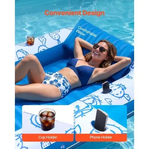 VEVOR Aufblasbare Schwimmmatratze 208 x 140 cm, Luftmatratze Pool mit Abnehmbarem UPF 50+ Sonnendach, 250 kg Belastbare Badeinsel für 2 Personen, inkl. Kissen Handy- & Getränkehalter für Pool & Meer – Bild 3