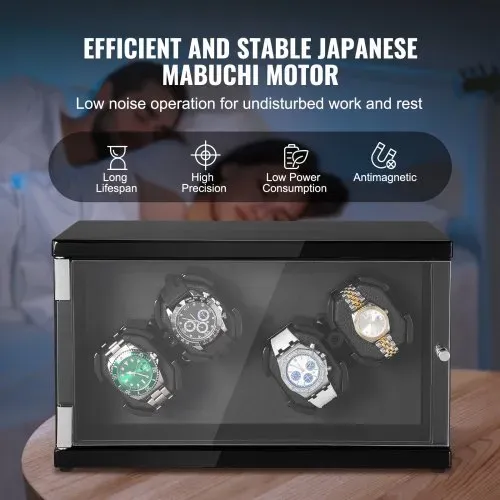VEVOR Uhrenbeweger, Automatik-Uhrenbeweger, Watch Winder, Uhrenbeweger für Automatikuhren, Automatischer Uhrenbeweger mit Platz für 4 Uhren, LED Beleuchtung, Max. 20 cm Riemenlänge Schwarz – Bild 3
