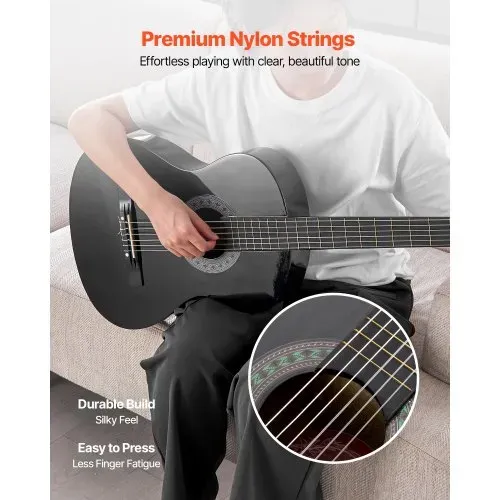 VEVOR Konzertgitarre, 780 mm, Holz-Klassikgitarren-Starter-Set für Anfänger, mit Nylonsaiten, Gigbag, Gurt, Stimmgerät, zusätzlichen Saiten, Plektren, Kapodaster, Linde, für Einsteiger, Schwarz – Bild 2
