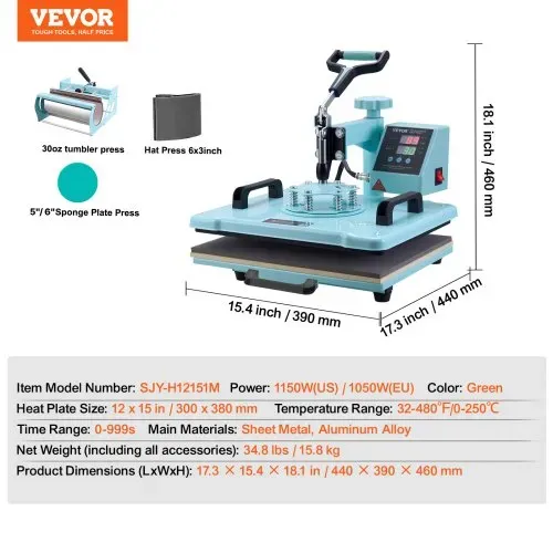 VEVOR Hitzepresse, 12 x 15 Zoll, 5-in-1-Wärmeübertragungsmaschine mit 30-oz-Tumbler-Presse, 360° wegschwenkbares T-Shirt-Pressen, digitale präzise Steuerung, für T-Shirts/Tassen/Hüte/Teller, grün – Bild 6
