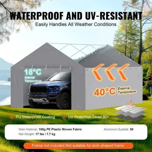 VEVOR Carport-Garagenzelt Seitenwand 606 x 398 x 308 cm, Garagenzelt-Unterstandplane, strapazierfähig, wasserdicht und UV-geschützt, grau (Oberteil und Rahmen nicht im Lieferumfang enthalten) – Bild 2
