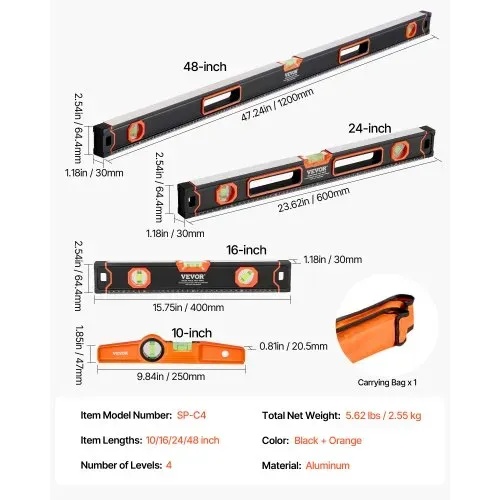 VEVOR 4-teiliges Torpedo-Wasserwaagen-Set, 120/60/40/25cm alle magnetischen Wasserwaagen, Libellen-Lineal für 45/90/180 Grad, magnetisches Kasten-Wasserwaagen-Werkzeug aus Aluminiumlegierung – Bild 6