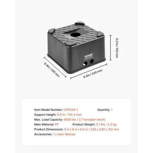 VEVOR Wagenheberblock für Anhänger (152,4 mm hoch Wagenheberblock) Nivellierblock mit 2722 kg Tragkraft, Wohnmobil-Hebeblock für Wohnwagen Anhängerstützblock aus PP (quadratisch) – Bild 6