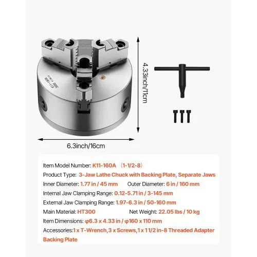 VEVOR 3-Backen-Drehfutter, φ160 mm, selbstzentrierendes Spannfutter mit 38,1-mm-8-Gewinde-Trägerplatte, 3-145 mm Spannbereich mit T-Schlüsselschrauben, HT300-Material, für Holz-Metall-Drehmaschinen – Bild 6