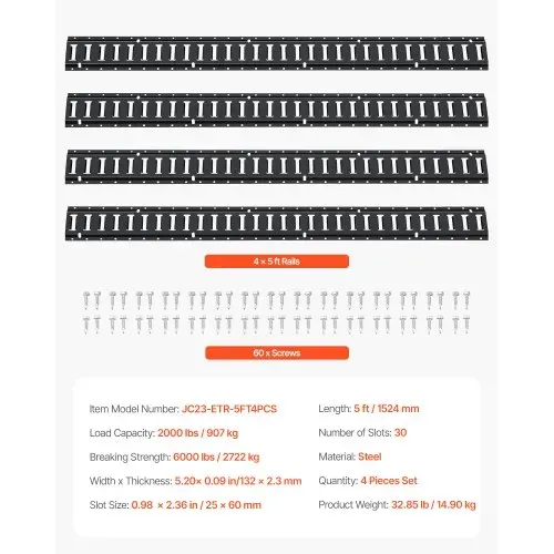 VEVOR E-Track-Schienen-Set, 1,52 m lange Stahlschienen, 4er-Pack, Tragfähigkeit bis zu 914 kg, robuste Schienen mit Schrauben für Garagen, Lieferwagen, Anhänger, Motorrad-Zurrgurte, ATV-Halterungen – Bild 6