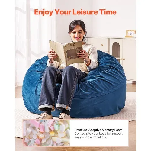 VEVOR runder Sitzsack Sitzkissen Bean Bag Erwachsene (1168 x 1168 x 635 mm) mit abnehmbarem & waschbarem Bezug, gefüllt mit niederländischem Samt & hochdichtem Schaumstoff, für Schlafzimmer Blau – Bild 2