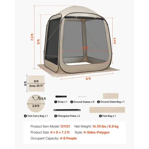 VEVOR Campingzelt, 182,88x182,88x219,4 cm, Partyzelt für 4-6 Personen, Pop Up Zelt mit Tragetasche, Netz-Seitenwänden und Heringen, für Garten, Terrasse und Outdoor-Aktivitäten, Beige – Bild 6