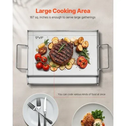 VEVOR Grillplatte Grillpfanne Edelstahl universelle rechteckige Platte (425x270mm) mit flacher Oberseite, Gasgrill-Grillplatte für BBQ-Grill Teppanyaki, tragbares Familienkochgeschirr mit Griff – Bild 3