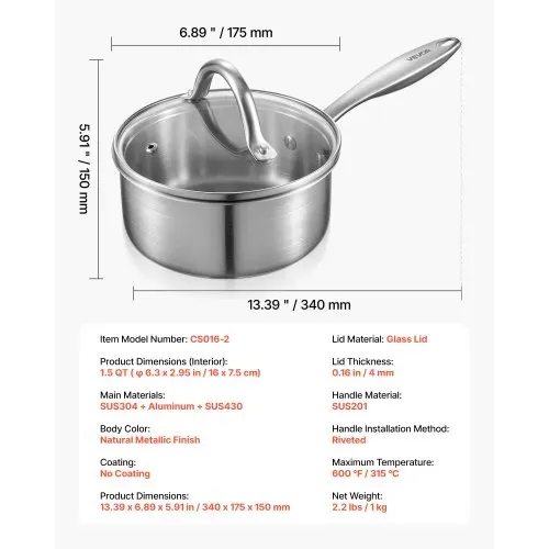 VEVOR Kochtopf Kasserolle Stielkasserolle 1,42 L mit Glasdeckel, Suppentopf Gemüsetopf mit ergonomischem Griff, Milchtopf aus Edelstahl Gemüsetopf, Silber spülmaschinengeeignet Soßentopf – Bild 6