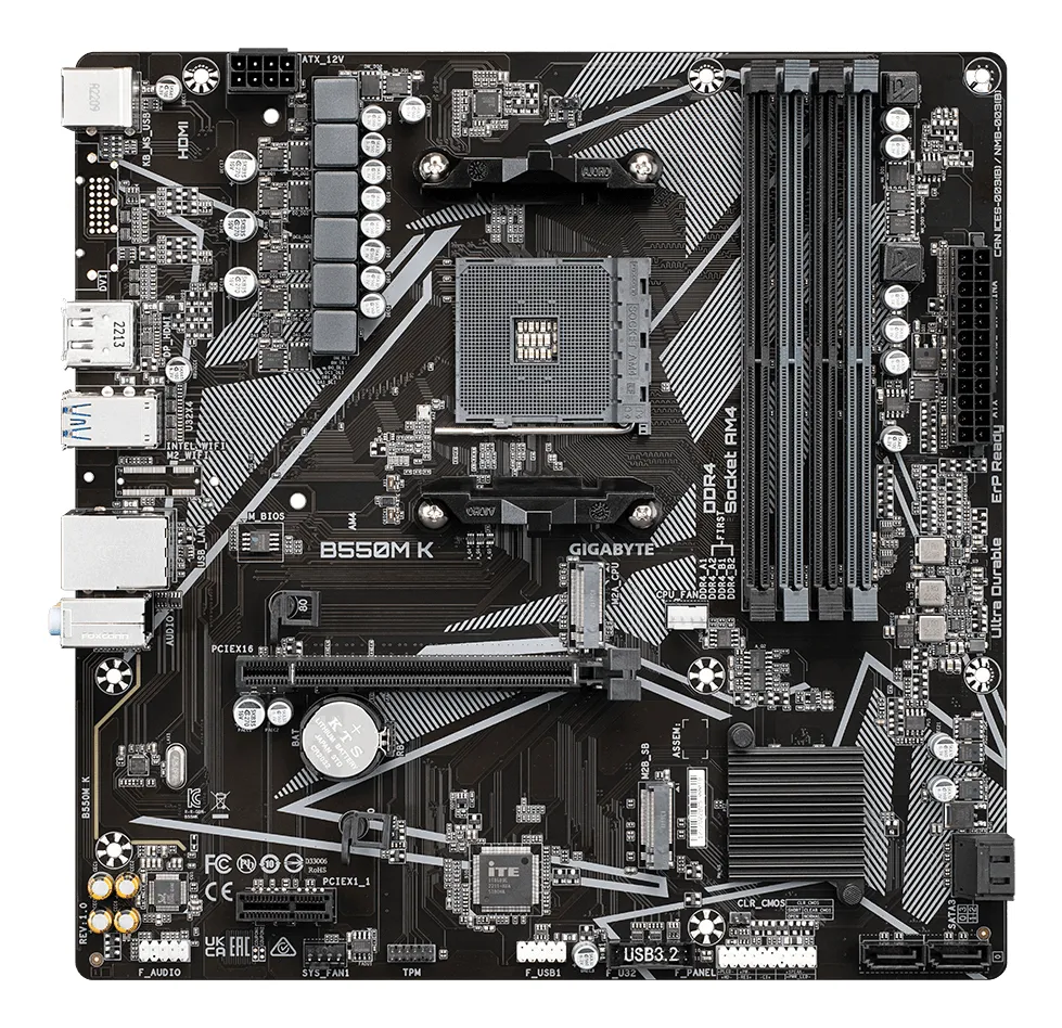 GIGABYTE B550M K Mainboard – AMD Ryzen 5000 CPUs, bis zu 4733 MHz DDR4, 1xPCIe 4.0 + 1xPCIe 3.0 M.2, 1GbE LAN, USB 3.2 Gen 1 – Bild 2