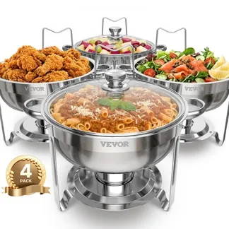 VEVOR Chafing Dish Buffet Speisenwärmer mit 4 Behältern in voller Größe (4,7 L pro), runder Catering-Wärmespender mit Glasdeckel & Wasserpfanne & klappbarer Ständer, für Hochzeiten Buffet Silber VEVOR Chafing Dish Buffet Speisenwärmer mit 4 Behältern in voller Größe (4,7 L pro), runder Catering-Wärmespender mit Glasdeckel & Wasserpfanne & klappbarer Ständer, für Hochzeiten Buffet Silber
