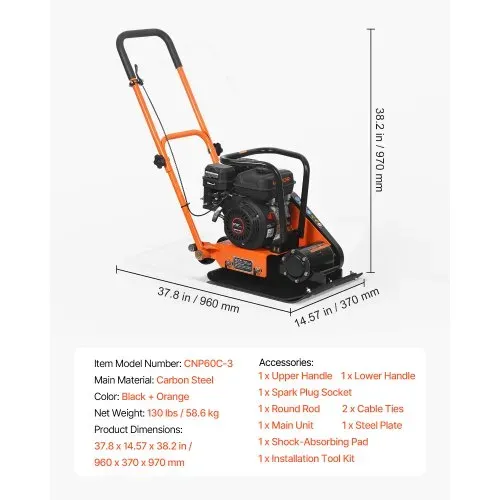 VEVOR Benzin Rüttelplatte, 6,5 PS (196 CC) Motor, 5600 U/min Vibrationsstampfer, 10,5 kN Verdichtungsdruck, 510x370 mm Platte, Handgeführter Rüttler für Pflasterarbeiten, Asphalt & Fundamente – Bild 6