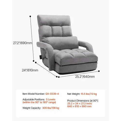 VEVOR Bodenstuhl Boden-Gaming Stuhl mit 5 einstellbaren Positionen & Rückenlehne, klappbarer Sofastuhl mit Armlehne für Erwachsene, Sofa-Liegebett mit Rückenkissen für Schlafzimmer, Grau – Bild 6