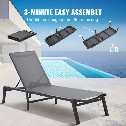 VEVOR Chaiselongue-Sessel für den Außenbereich, Aluminium-Terrassen-Liegestuhl mit 5 verstellbaren Positionen, klappbarer Pool-Liegestuhl, Liegestuhl und komplett flacher Sonnenstuhl für Terrasse, Strand, Pool, Dunkelgrau – Bild 3